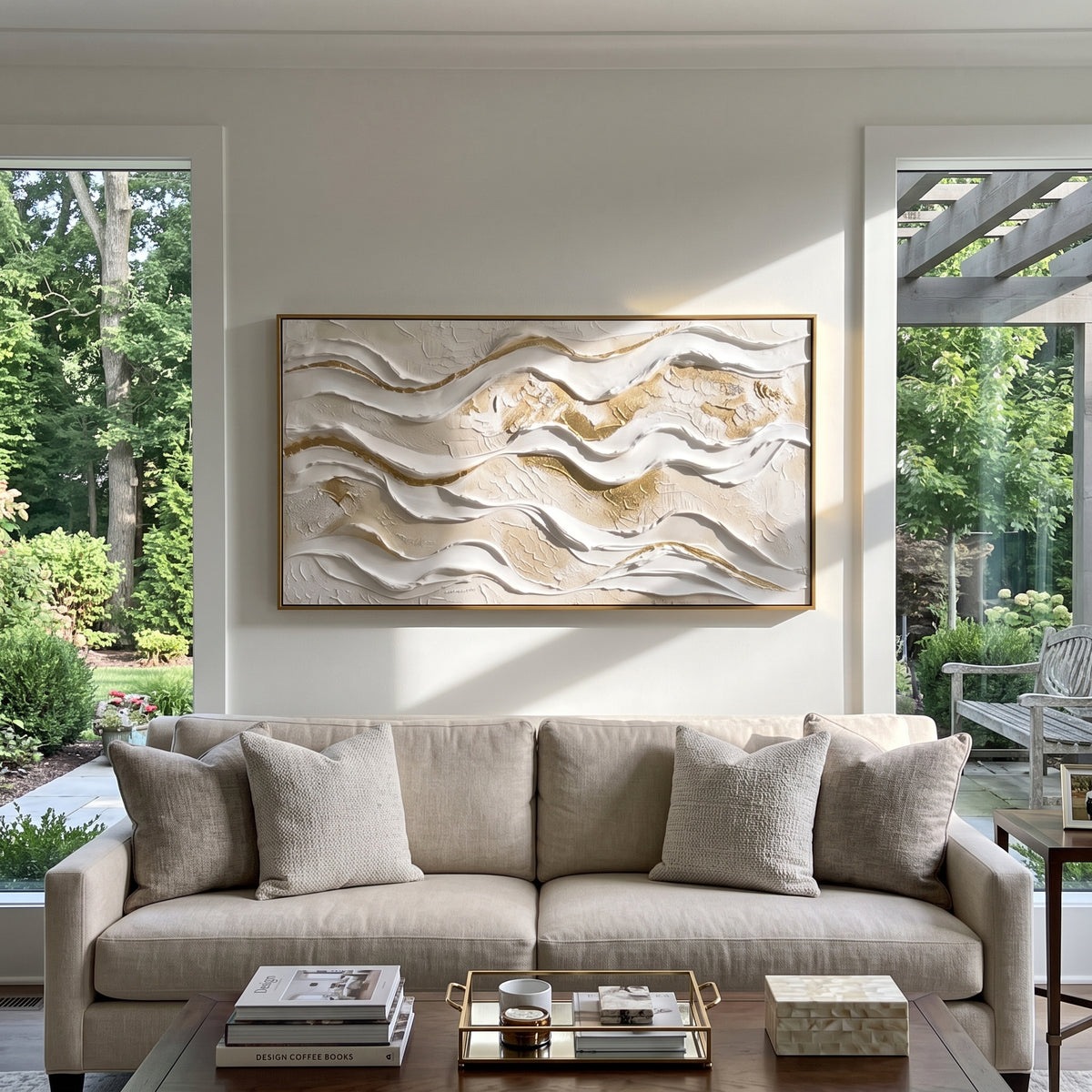 "Curved Layered Wave Relief" - Modern Heavy Impasto Ocean Wave Seascape | White & Beige Palette Knife Painting | Luxury Horizontal Wall Art #Q 217