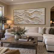 "Curved Layered Wave Relief" - Modern Heavy Impasto Ocean Wave Seascape | White & Beige Palette Knife Painting | Luxury Horizontal Wall Art #Q 217