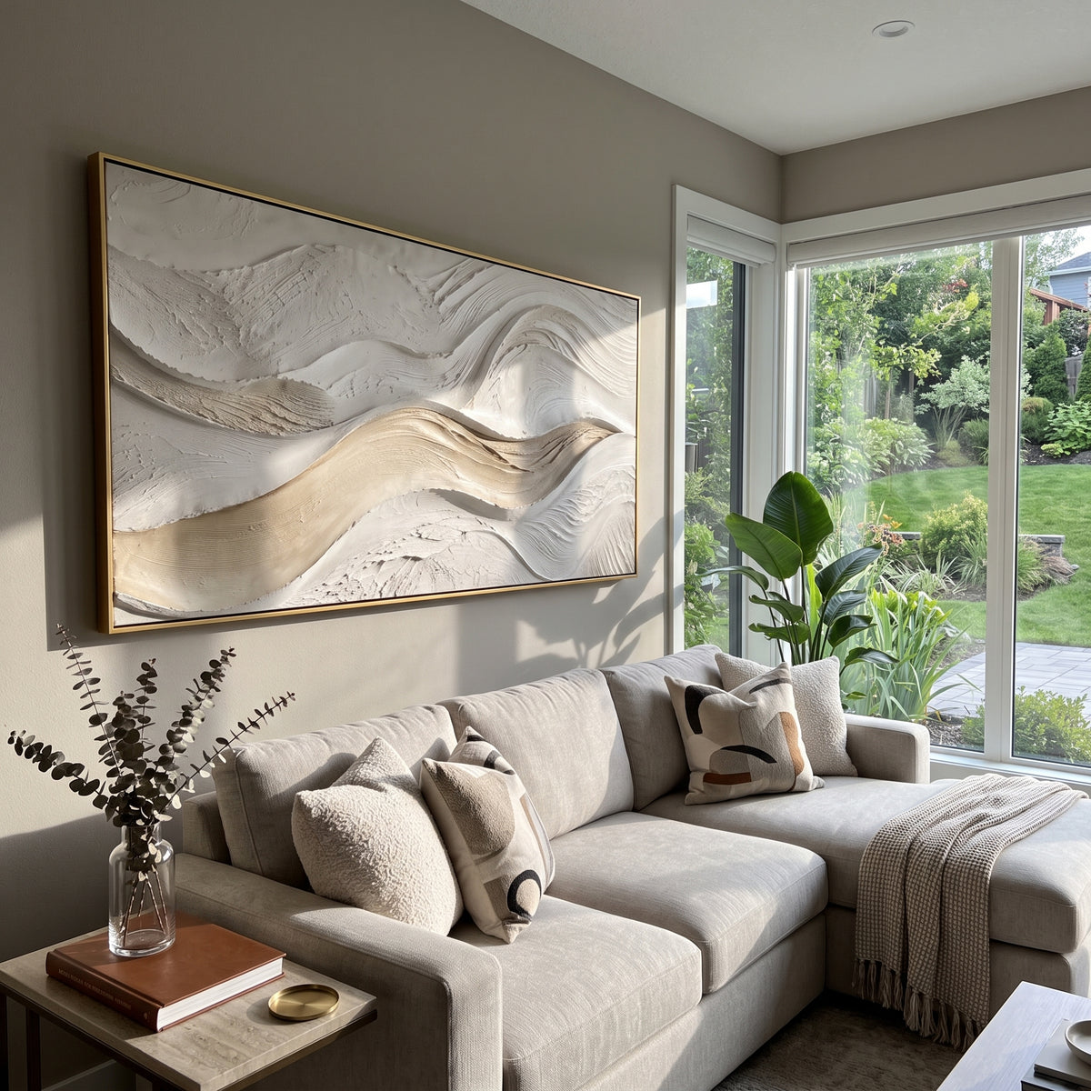 Tactile Silk Contour Relief focuses on white, beige, grey raised plaster waves with folded contour bands, soft dune-like ridges, and quiet negative space across the panoramic composition, keeping the product description tied to the visible artwork rather than a generic texture category. The composition is built from layered ridges, carved plaster edges, curved bands, granular breaks, and raised channels that move across the canvas with a clear directional rhythm. Pale passages, darker accents