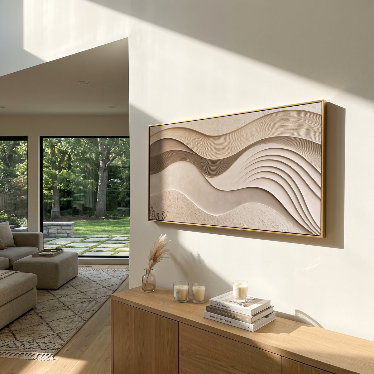 Ribboned Cream Current Relief focuses on white, beige, brown raised plaster waves with folded contour bands, soft dune-like ridges, and quiet negative space across the panoramic composition, keeping the product description tied to the visible artwork rather than a generic texture category. The composition is built from layered ridges, carved plaster edges, curved bands, granular breaks, and raised channels that move across the canvas with a clear directional rhythm. Pale passages, darker
