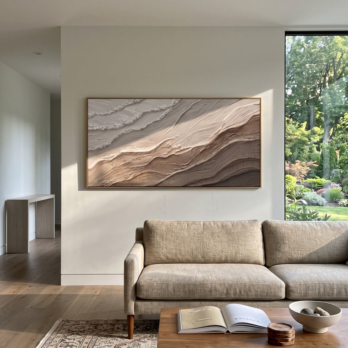 Ivory Dune Wave Relief focuses on white, beige, brown raised plaster waves with folded contour bands, soft dune-like ridges, and quiet negative space across the panoramic composition, keeping the product description tied to the visible artwork rather than a generic texture category. The composition is built from layered ridges, carved plaster edges, curved bands, granular breaks, and raised channels that move across the canvas with a clear directional rhythm. Pale passages, darker accents, warm