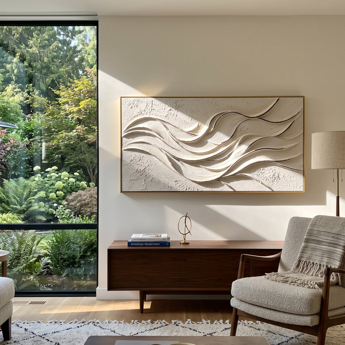 Shell Ribbon Current Relief focuses on white, beige, grey raised plaster waves with folded contour bands, soft dune-like ridges, and quiet negative space across the panoramic composition, keeping the product description tied to the visible artwork rather than a generic texture category. The composition is built from layered ridges, carved plaster edges, curved bands, granular breaks, and raised channels that move across the canvas with a clear directional rhythm. Pale passages, darker accents