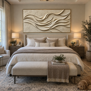 "Shell Ribbon Current Relief" - Modern Heavy Impasto Topographic Abstract | White & Beige Palette Knife Painting | Luxury Horizontal Wall Art #Q 221
