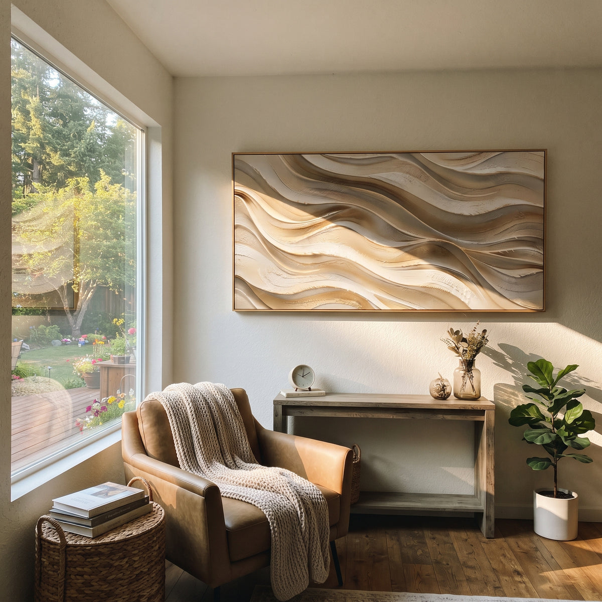 Luminous Folded Plaster Fold Relief focuses on white, beige, grey raised plaster waves with folded contour bands, soft dune-like ridges, and quiet negative space across the panoramic composition, keeping the product description tied to the visible artwork rather than a generic texture category. The composition is built from layered ridges, carved plaster edges, curved bands, granular breaks, and raised channels that move across the canvas with a clear directional rhythm. Pale passages, darker