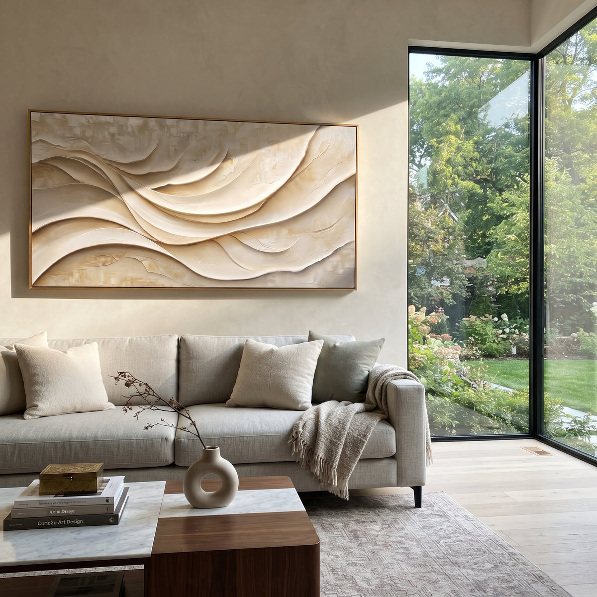 Rippling Sand Ripple Relief focuses on white, beige, grey raised plaster waves with folded contour bands, soft dune-like ridges, and quiet negative space across the panoramic composition, keeping the product description tied to the visible artwork rather than a generic texture category. The composition is built from layered ridges, carved plaster edges, curved bands, granular breaks, and raised channels that move across the canvas with a clear directional rhythm. Pale passages, darker accents