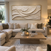 "Rippling Sand Ripple Relief" - Modern Heavy Impasto Topographic Abstract | White & Beige Palette Knife Painting | Luxury Horizontal Wall Art #Q 223