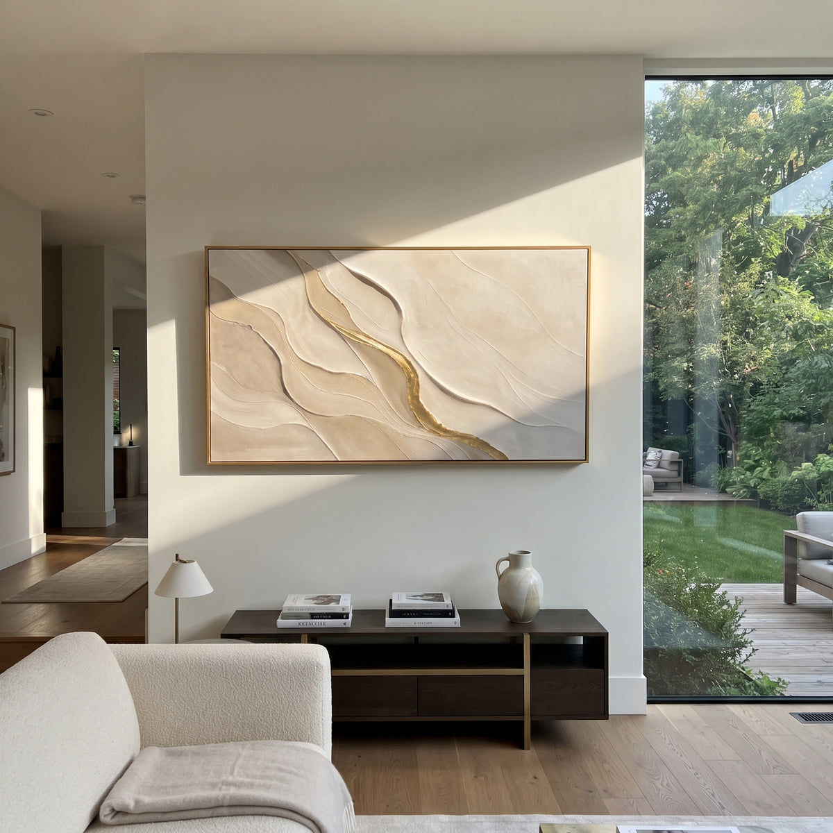 Fanned Soft Ridge Relief focuses on white, beige, grey raised plaster waves with folded contour bands, soft dune-like ridges, and quiet negative space across the panoramic composition, keeping the product description tied to the visible artwork rather than a generic texture category. The composition is built from layered ridges, carved plaster edges, curved bands, granular breaks, and raised channels that move across the canvas with a clear directional rhythm. Pale passages, darker accents, warm