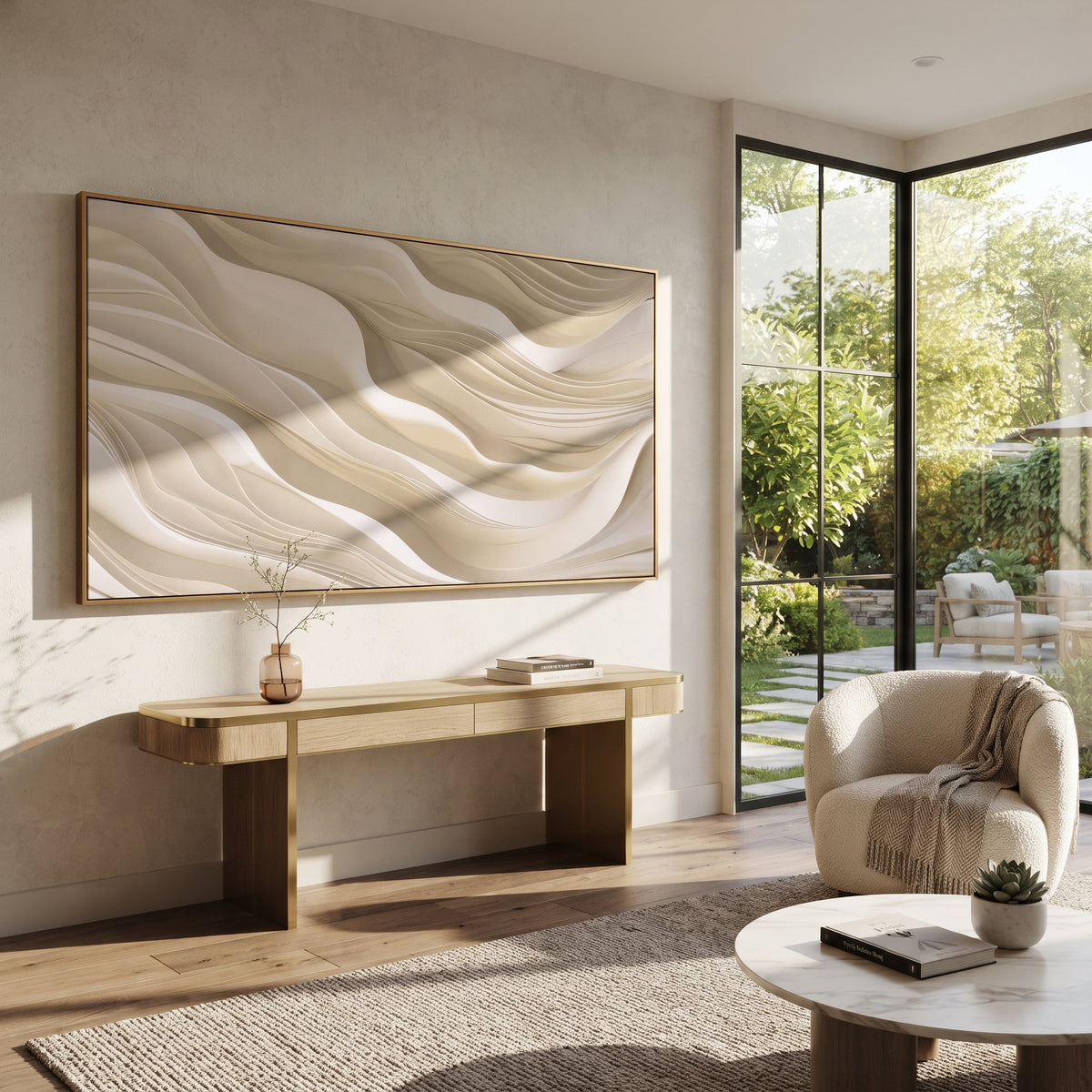 Gilded Ivory Swell Relief focuses on white, beige, brown raised plaster waves with folded contour bands, soft dune-like ridges, and quiet negative space across the panoramic composition, keeping the product description tied to the visible artwork rather than a generic texture category. The composition is built from layered ridges, carved plaster edges, curved bands, granular breaks, and raised channels that move across the canvas with a clear directional rhythm. Pale passages, darker accents