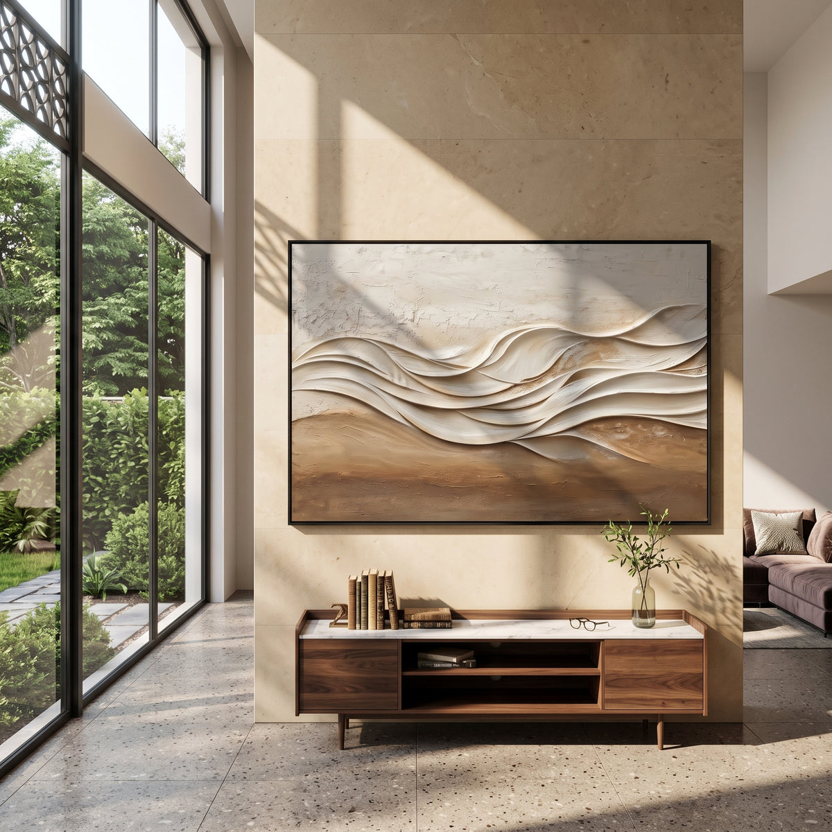 "Ridge Wind Line Relief" - Modern Heavy Impasto Landscape Artwork | Beige & White Palette Knife Painting | Luxury Horizontal Wall Art #Q 227