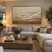 "Ridge Wind Line Relief" - Modern Heavy Impasto Landscape Artwork | Beige & White Palette Knife Painting | Luxury Horizontal Wall Art #Q 227