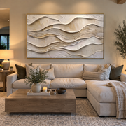 "Raised Calm Drift Relief" - Modern Heavy Impasto Topographic Abstract | White & Beige Palette Knife Painting | Luxury Horizontal Wall Art #Q 228