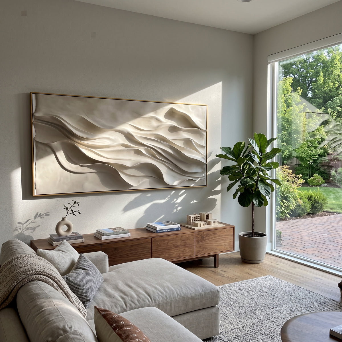 Winding Layered Wave Relief focuses on white, beige, grey raised plaster waves with folded contour bands, soft dune-like ridges, and quiet negative space across the panoramic composition, keeping the product description tied to the visible artwork rather than a generic texture category. The composition is built from layered ridges, carved plaster edges, curved bands, granular breaks, and raised channels that move across the canvas with a clear directional rhythm. Pale passages, darker accents