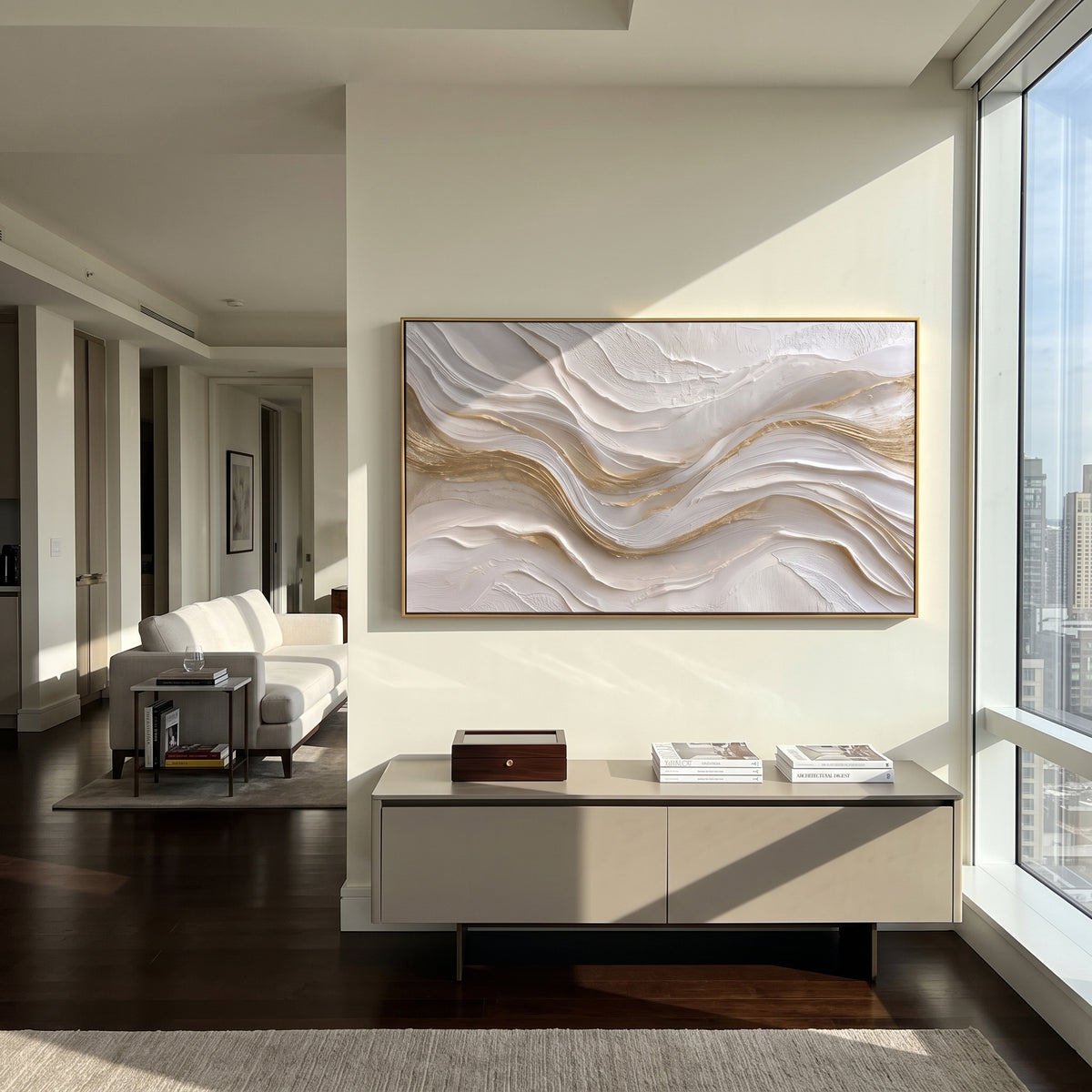 Undulating Silk Contour Relief focuses on white, beige, grey raised plaster waves with folded contour bands, soft dune-like ridges, and quiet negative space across the panoramic composition, keeping the product description tied to the visible artwork rather than a generic texture category. The composition is built from layered ridges, carved plaster edges, curved bands, granular breaks, and raised channels that move across the canvas with a clear directional rhythm. Pale passages, darker