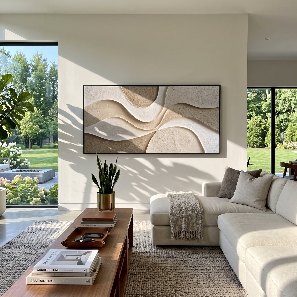 "Feathered Cream Current Relief" - Modern Heavy Impasto Topographic Abstract | White & Beige Palette Knife Painting | Luxury Horizontal Wall Art #Q 231