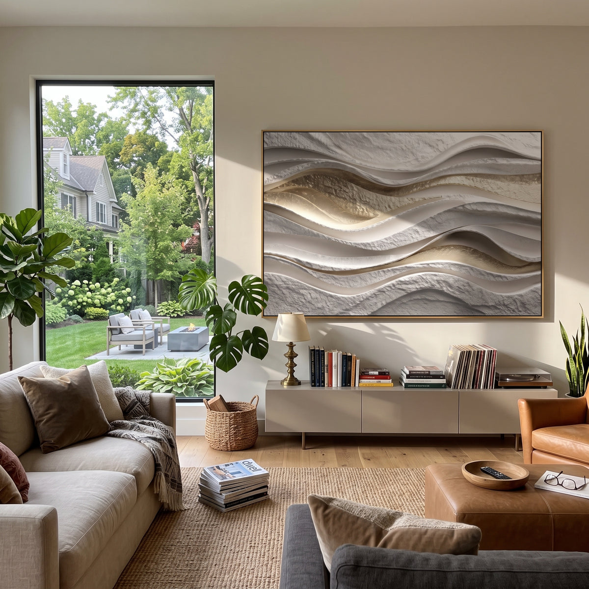 "Marbled Dune Wave Relief" - Modern Heavy Impasto Ocean Wave Seascape | White & Beige Palette Knife Painting | Luxury Horizontal Wall Art #Q 232