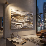 "Marbled Dune Wave Relief" - Modern Heavy Impasto Ocean Wave Seascape | White & Beige Palette Knife Painting | Luxury Horizontal Wall Art #Q 232