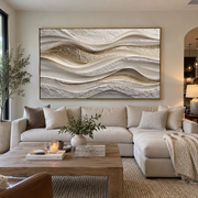 "Marbled Dune Wave Relief" - Modern Heavy Impasto Ocean Wave Seascape | White & Beige Palette Knife Painting | Luxury Horizontal Wall Art #Q 232