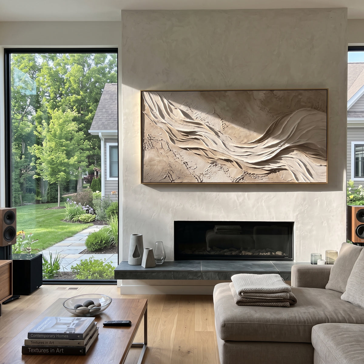 "Horizon Canyon Layer Relief" - Modern Heavy Impasto Topographic Abstract | White & Beige Palette Knife Painting | Luxury Horizontal Wall Art #Q 233