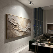 "Horizon Canyon Layer Relief" - Modern Heavy Impasto Topographic Abstract | White & Beige Palette Knife Painting | Luxury Horizontal Wall Art #Q 233