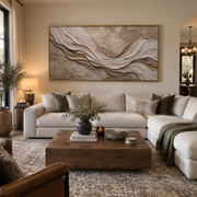 "Horizon Canyon Layer Relief" - Modern Heavy Impasto Topographic Abstract | White & Beige Palette Knife Painting | Luxury Horizontal Wall Art #Q 233
