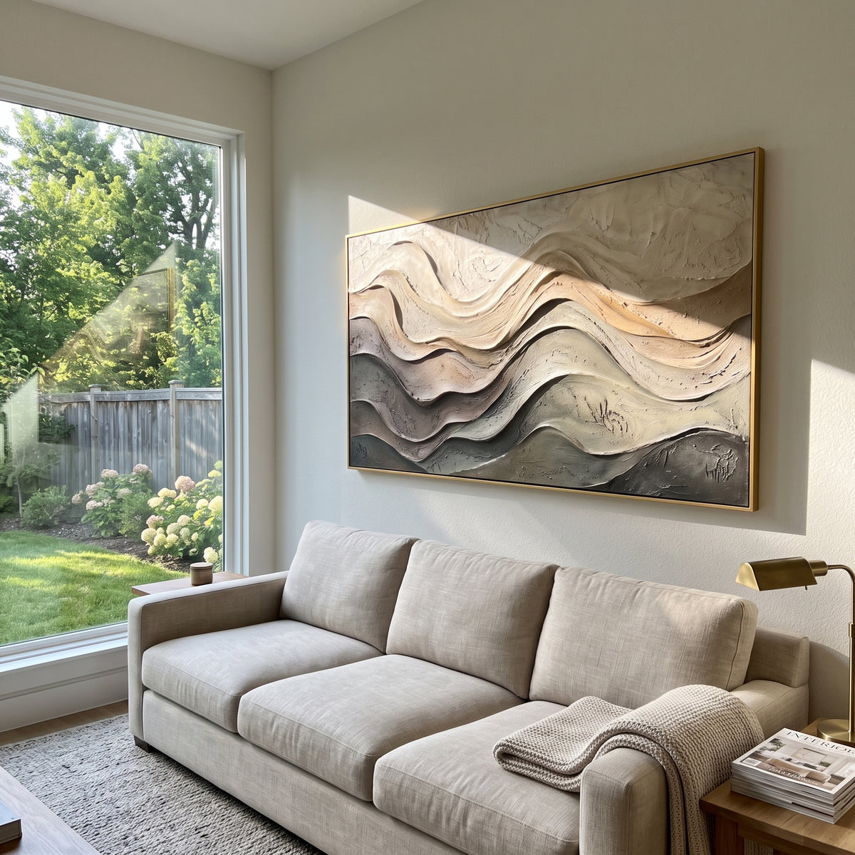 Shadowed Clay Terrace Relief focuses on white, beige, brown sedimentary landscape layers with rugged plaster ledges, canyon-like strata, and tactile earth-toned ridges, keeping the product description tied to the visible artwork rather than a generic texture category. The composition is built from layered ridges, carved plaster edges, curved bands, granular breaks, and raised channels that move across the canvas with a clear directional rhythm. Pale passages, darker accents, warm neutral tones