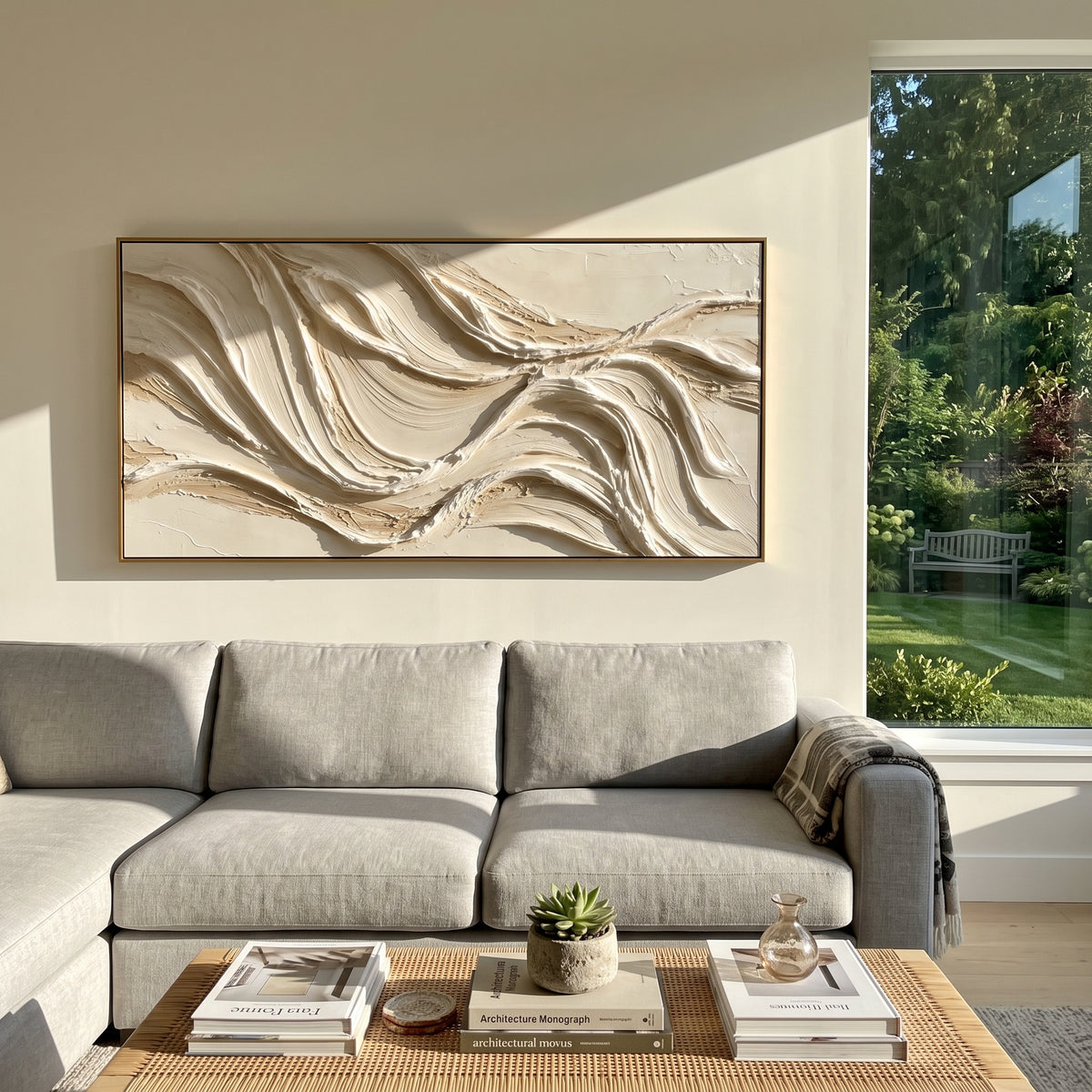 Folded Earth Vein Relief focuses on white, beige, grey sedimentary landscape layers with rugged plaster ledges, canyon-like strata, and tactile earth-toned ridges, keeping the product description tied to the visible artwork rather than a generic texture category. The composition is built from layered ridges, carved plaster edges, curved bands, granular breaks, and raised channels that move across the canvas with a clear directional rhythm. Pale passages, darker accents, warm neutral tones, and