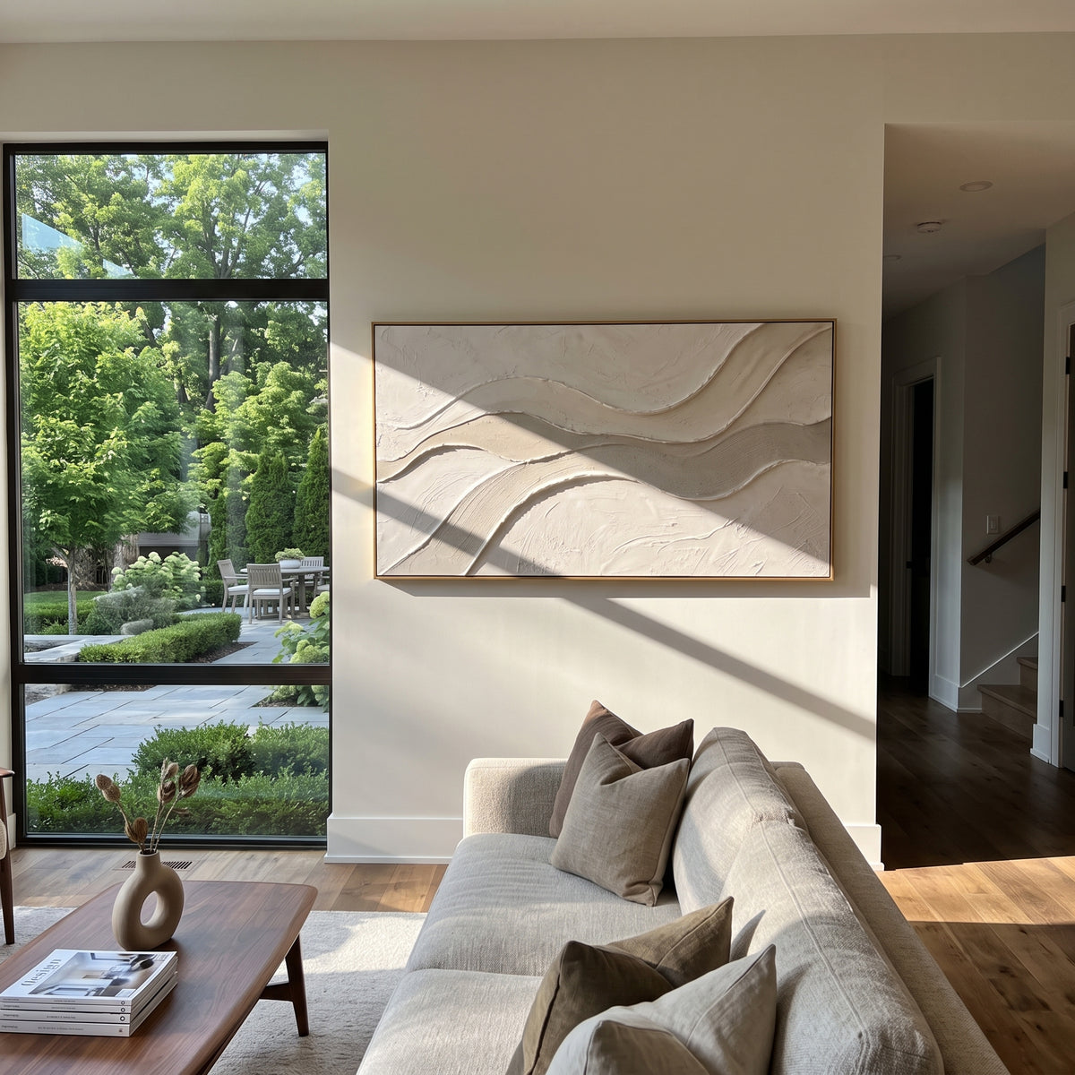 "Flowing Layered Valley Relief" - Modern Heavy Impasto Landscape Artwork | Beige & White Palette Knife Painting | Luxury Horizontal Wall Art #Q 239