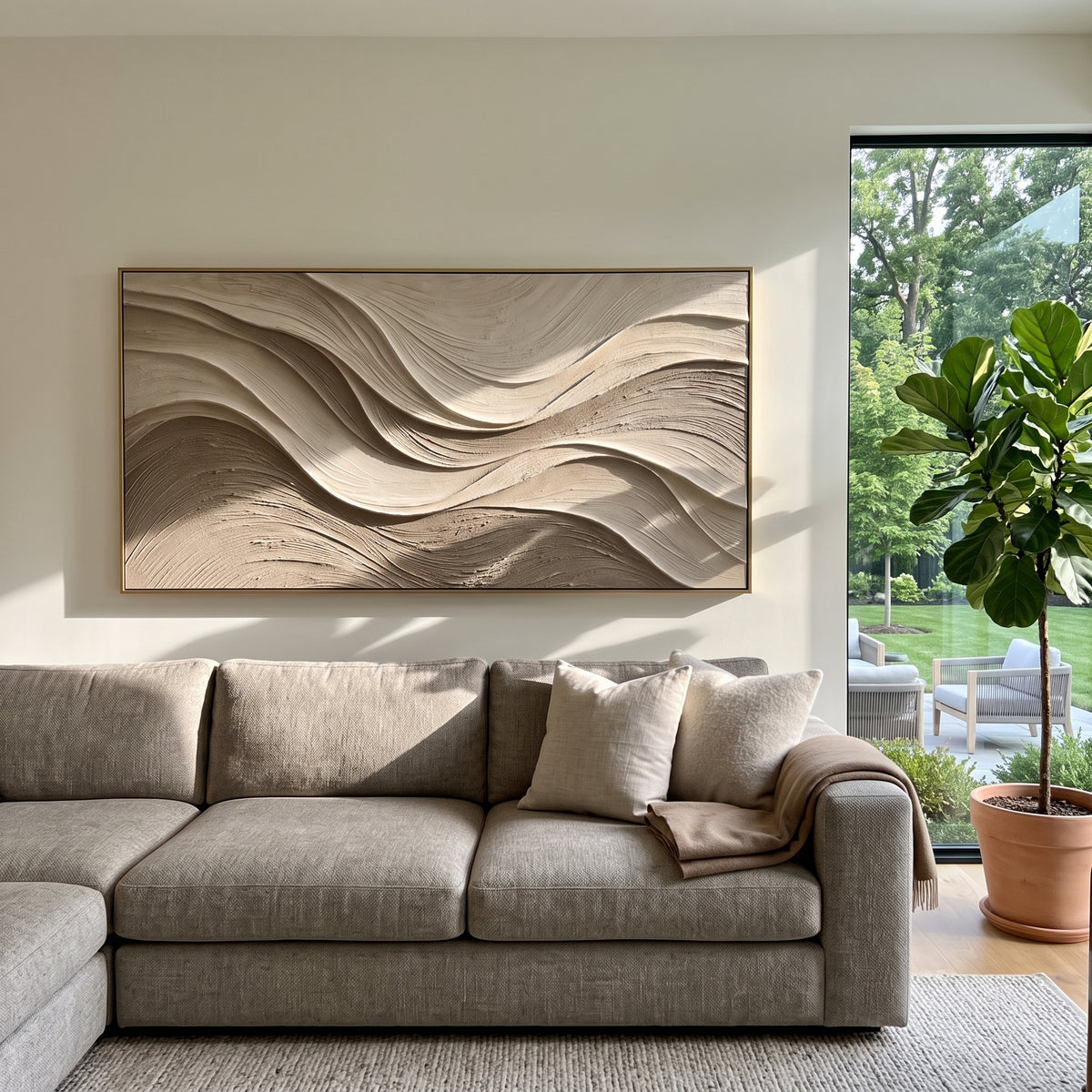 Sculpted Geologic Cut Relief focuses on white, beige, brown sedimentary landscape layers with rugged plaster ledges, canyon-like strata, and tactile earth-toned ridges, keeping the product description tied to the visible artwork rather than a generic texture category. The composition is built from layered ridges, carved plaster edges, curved bands, granular breaks, and raised channels that move across the canvas with a clear directional rhythm. Pale passages, darker accents, warm neutral tones