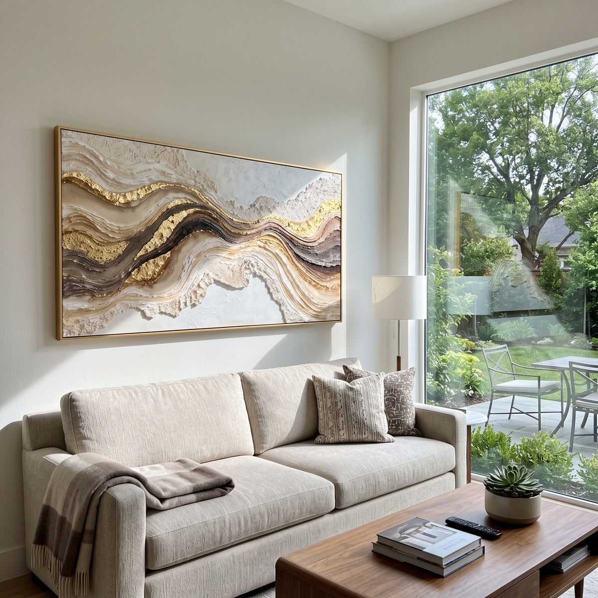Brushed Mesa Drift Relief focuses on white, beige, brown sedimentary landscape layers with rugged plaster ledges, canyon-like strata, and tactile earth-toned ridges, keeping the product description tied to the visible artwork rather than a generic texture category. The composition is built from layered ridges, carved plaster edges, curved bands, granular breaks, and raised channels that move across the canvas with a clear directional rhythm. Pale passages, darker accents, warm neutral tones, and