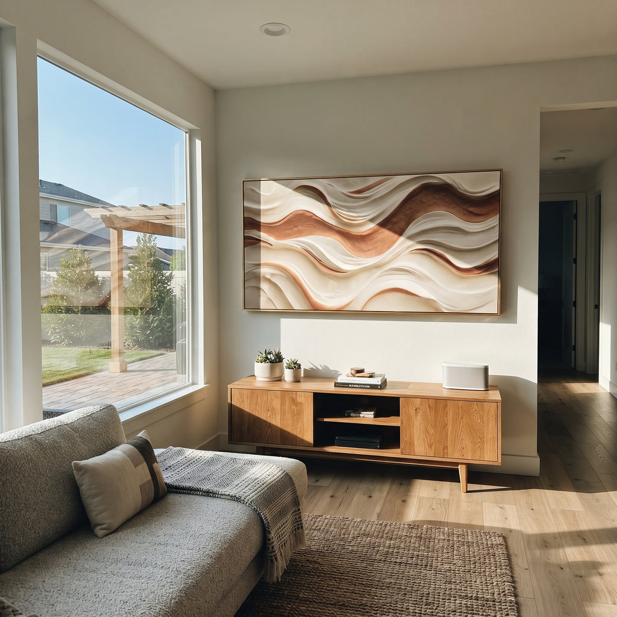 Carved Canyon Layer Relief focuses on white, beige, brown sedimentary landscape layers with rugged plaster ledges, canyon-like strata, and tactile earth-toned ridges, keeping the product description tied to the visible artwork rather than a generic texture category. The composition is built from layered ridges, carved plaster edges, curved bands, granular breaks, and raised channels that move across the canvas with a clear directional rhythm. Pale passages, darker accents, warm neutral tones