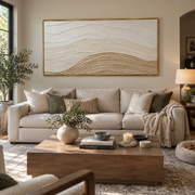 "Cascading Mountain Strata Relief" - Modern Heavy Impasto Topographic Abstract | White & Beige Palette Knife Painting | Luxury Horizontal Wall Art #Q 247