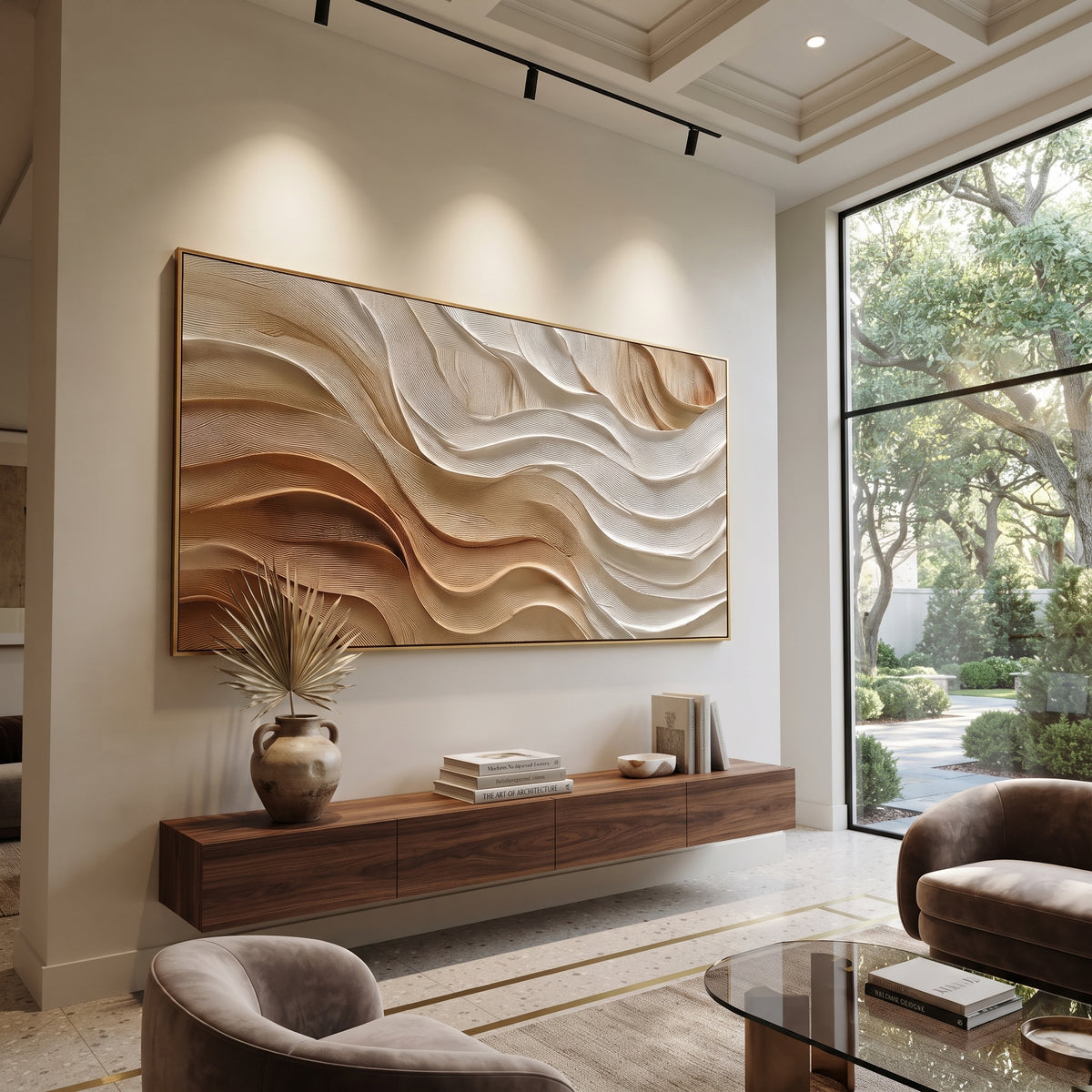 "Sandstone Clay Terrace Relief" - Modern Heavy Impasto Topographic Abstract | White & Beige Palette Knife Painting | Luxury Horizontal Wall Art #Q 249