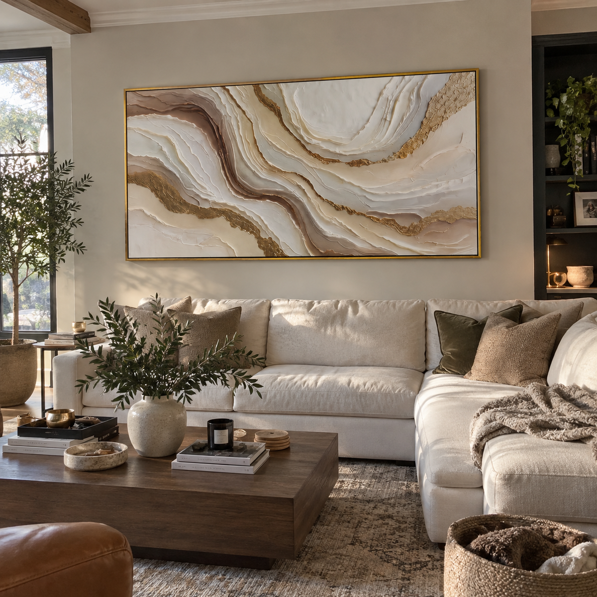 Quiet Layered Valley Relief focuses on white, beige, grey sedimentary landscape layers with rugged plaster ledges, canyon-like strata, and tactile earth-toned ridges, keeping the product description tied to the visible artwork rather than a generic texture category. The composition is built from layered ridges, carved plaster edges, curved bands, granular breaks, and raised channels that move across the canvas with a clear directional rhythm. Pale passages, darker accents, warm neutral tones