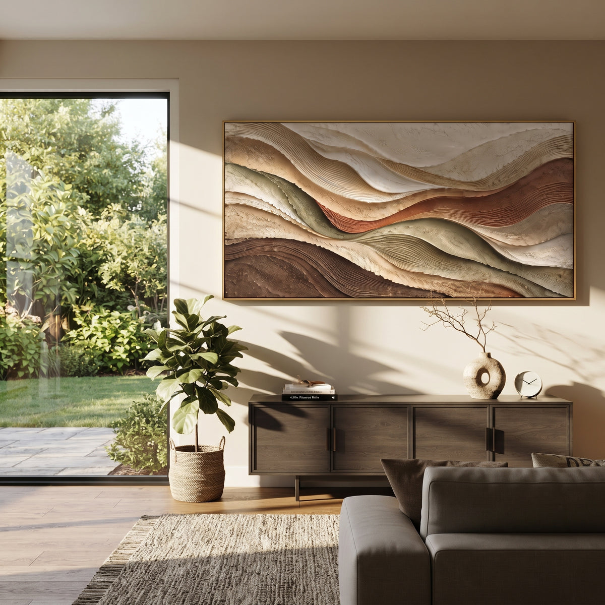 Stratified Geologic Cut Relief focuses on white, beige, brown sedimentary landscape layers with rugged plaster ledges, canyon-like strata, and tactile earth-toned ridges, keeping the product description tied to the visible artwork rather than a generic texture category. The composition is built from layered ridges, carved plaster edges, curved bands, granular breaks, and raised channels that move across the canvas with a clear directional rhythm. Pale passages, darker accents, warm neutral