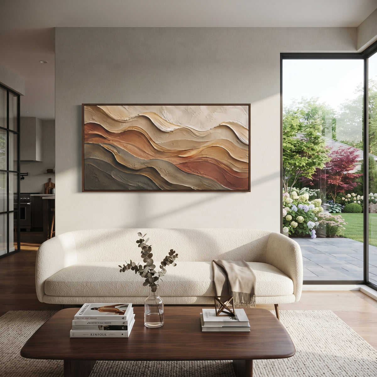 "Luminous Riverbed Wall Relief" - Modern Heavy Impasto Topographic Abstract | White & Beige Palette Knife Painting | Luxury Horizontal Wall Art #Q 254