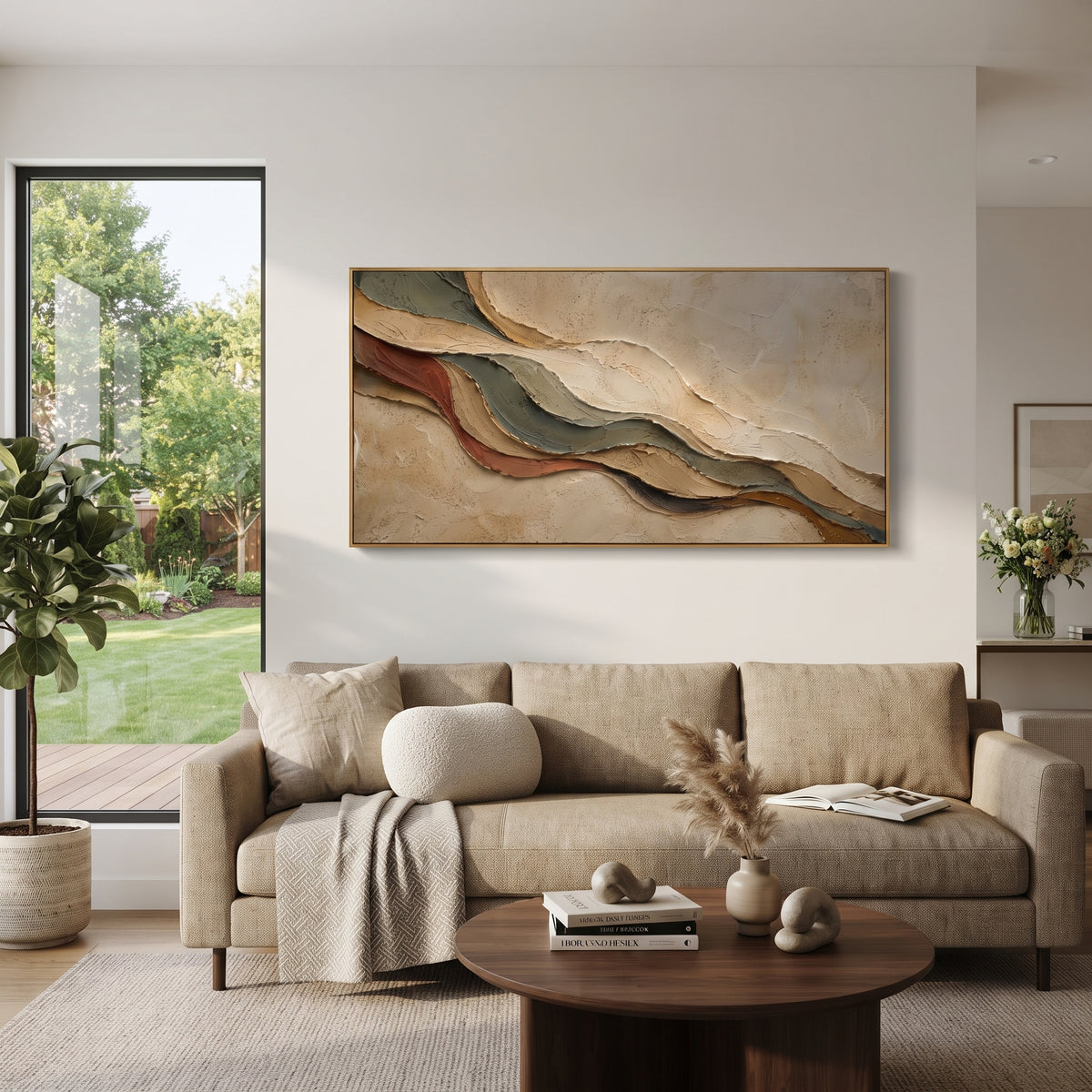Curved Canyon Layer Relief focuses on white, beige, brown sedimentary landscape layers with rugged plaster ledges, canyon-like strata, and tactile earth-toned ridges, keeping the product description tied to the visible artwork rather than a generic texture category. The composition is built from layered ridges, carved plaster edges, curved bands, granular breaks, and raised channels that move across the canvas with a clear directional rhythm. Pale passages, darker accents, warm neutral tones