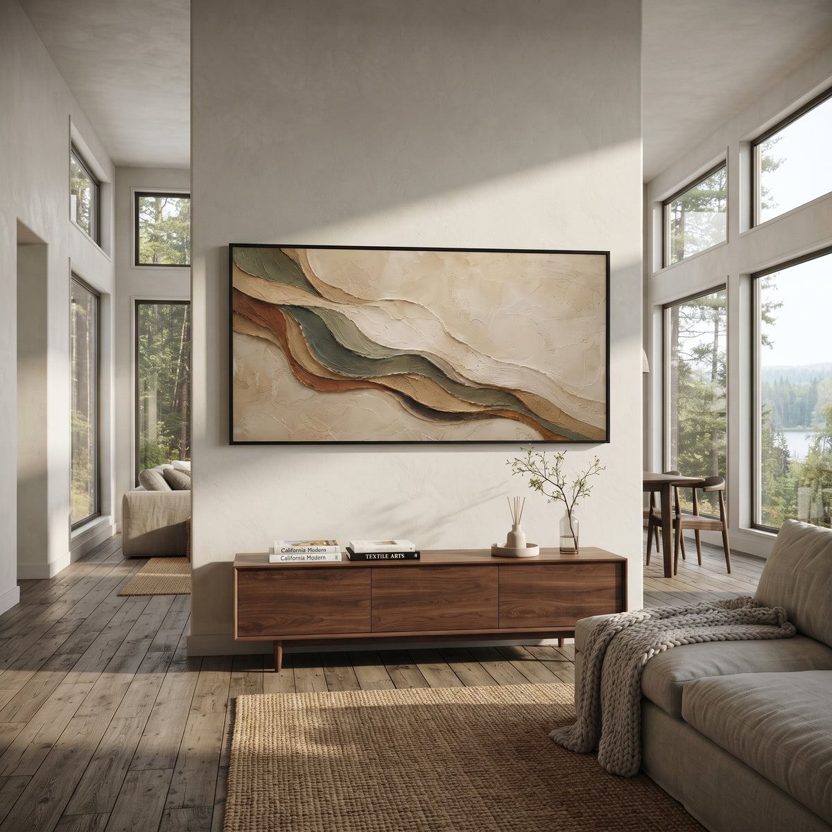Ribboned Mountain Strata Relief focuses on white, beige, gold sedimentary landscape layers with rugged plaster ledges, canyon-like strata, and tactile earth-toned ridges, keeping the product description tied to the visible artwork rather than a generic texture category. The composition is built from layered ridges, carved plaster edges, curved bands, granular breaks, and raised channels that move across the canvas with a clear directional rhythm. Pale passages, darker accents, warm neutral