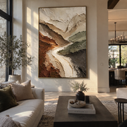 "Rippling Layered Valley Relief" - Modern Heavy Impasto Landscape Artwork | Beige & White Palette Knife Painting | Luxury Vertical Wall Art #Q 263