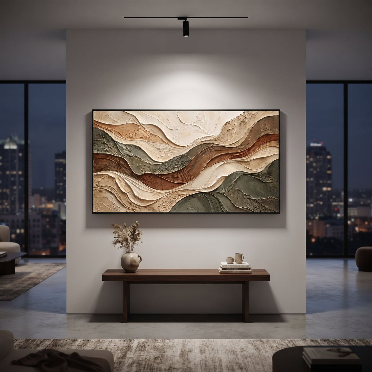 Terraced Mesa Drift Relief focuses on white, beige, brown sedimentary landscape layers with rugged plaster ledges, canyon-like strata, and tactile earth-toned ridges, keeping the product description tied to the visible artwork rather than a generic texture category. The composition is built from layered ridges, carved plaster edges, curved bands, granular breaks, and raised channels that move across the canvas with a clear directional rhythm. Pale passages, darker accents, warm neutral tones