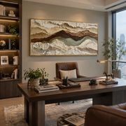 "Gilded Riverbed Wall Relief" - Modern Heavy Impasto Topographic Abstract | White & Beige Palette Knife Painting | Luxury Horizontal Wall Art #Q 266