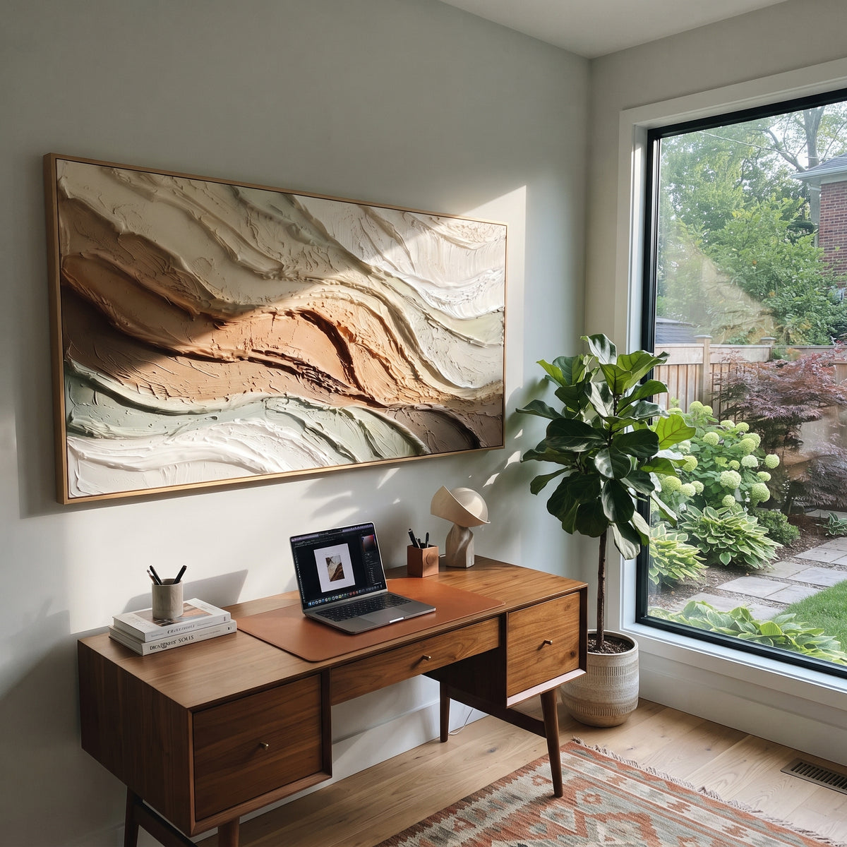 Raised Sediment Ridge Relief focuses on white, beige, brown sedimentary landscape layers with rugged plaster ledges, canyon-like strata, and tactile earth-toned ridges, keeping the product description tied to the visible artwork rather than a generic texture category. The composition is built from layered ridges, carved plaster edges, curved bands, granular breaks, and raised channels that move across the canvas with a clear directional rhythm. Pale passages, darker accents, warm neutral tones