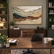 "Feathered Mountain Strata Relief" - Modern Heavy Impasto Topographic Abstract | Beige & White Palette Knife Painting | Luxury Horizontal Wall Art #Q 271