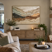 "Feathered Mountain Strata Relief" - Modern Heavy Impasto Topographic Abstract | Beige & White Palette Knife Painting | Luxury Horizontal Wall Art #Q 271