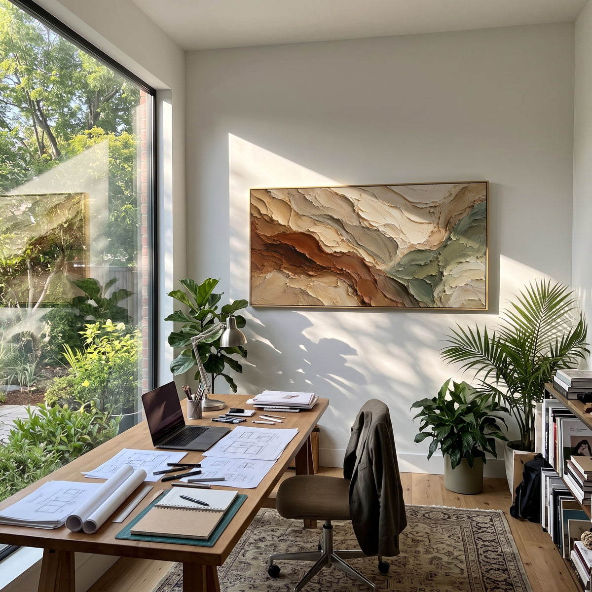 "Horizon Clay Terrace Relief" - Modern Heavy Impasto Topographic Abstract | White & Beige Palette Knife Painting | Luxury Horizontal Wall Art #Q 273
