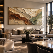 "Horizon Clay Terrace Relief" - Modern Heavy Impasto Topographic Abstract | White & Beige Palette Knife Painting | Luxury Horizontal Wall Art #Q 273