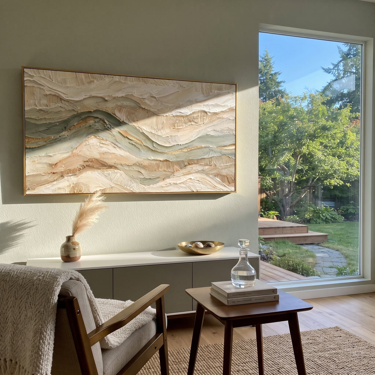Soft Earth Vein Relief focuses on white, beige, grey sedimentary landscape layers with rugged plaster ledges, canyon-like strata, and tactile earth-toned ridges, keeping the product description tied to the visible artwork rather than a generic texture category. The composition is built from layered ridges, carved plaster edges, curved bands, granular breaks, and raised channels that move across the canvas with a clear directional rhythm. Pale passages, darker accents, warm neutral tones, and