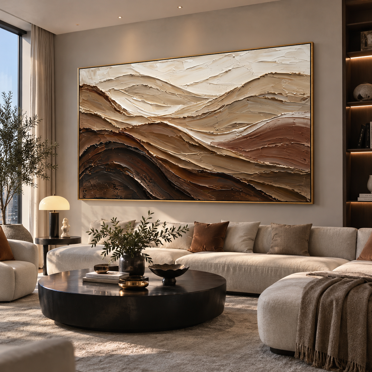 "Shadowed Mesa Drift Relief" - Modern Heavy Impasto Topographic Abstract | Beige & White Palette Knife Painting | Luxury Horizontal Wall Art #Q 277