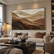 "Shadowed Mesa Drift Relief" - Modern Heavy Impasto Topographic Abstract | Beige & White Palette Knife Painting | Luxury Horizontal Wall Art #Q 277