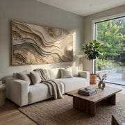 "Folded Riverbed Wall Relief" - Modern Heavy Impasto Topographic Abstract | White & Beige Palette Knife Painting | Luxury Horizontal Wall Art #Q 278