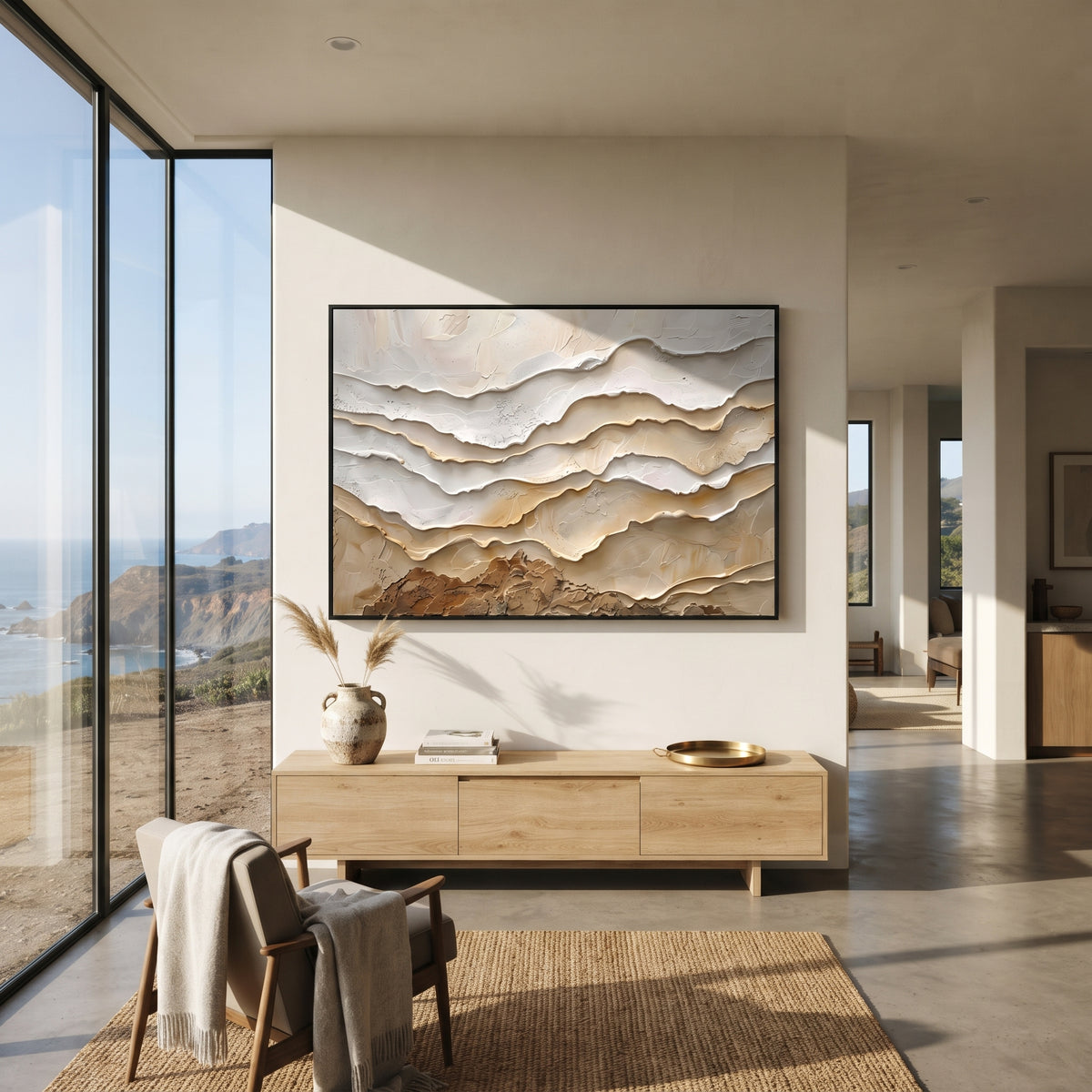 Brushed Canyon Layer Relief focuses on white, beige, grey sedimentary landscape layers with rugged plaster ledges, canyon-like strata, and tactile earth-toned ridges, keeping the product description tied to the visible artwork rather than a generic texture category. The composition is built from layered ridges, carved plaster edges, curved bands, granular breaks, and raised channels that move across the canvas with a clear directional rhythm. Pale passages, darker accents, warm neutral tones